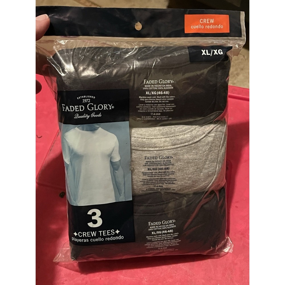Faded Glory Mens Crew Tee Shirts 3 in Package Size XL (46-48) 100% Cotton New